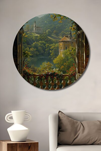 Teona Ahşap Tablou decorativ rotund din lemn, peisaj cu fereastră deschisă