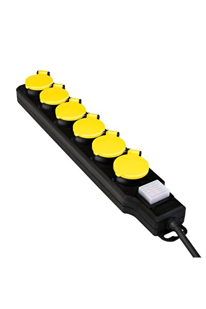 LogiLink LPS256 Extension Cord, 6 Schuko Sockets, 1.5m, 16A, Splash-Proof, Schuko Plug, Black/Yellow