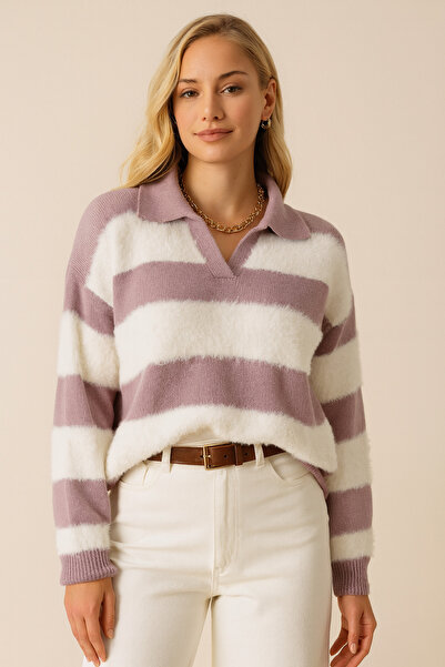 Minora Γυναικείο πουλόβερ με ριγέ γένια MinoraLady σε λιλά χρώμα