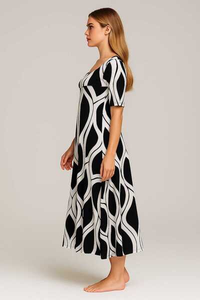 Şans Γυναικείο φόρεμα μεγάλου μεγέθους λευκό-μαύρο, με σχέδιο, με λαιμόκοψη από βισκόζη 65N39156