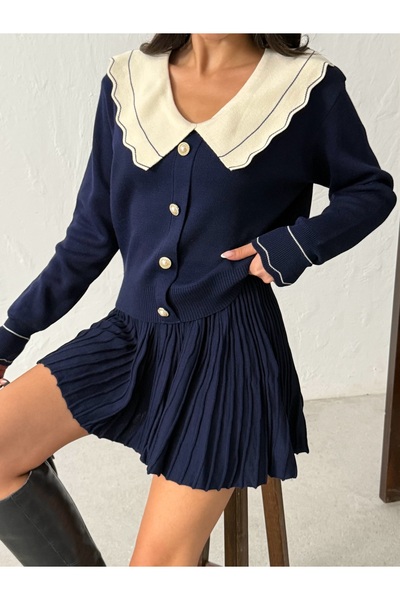 BEJNA Жіночий синій елегантний комір блуза спідниця верхній трикотажний комплект