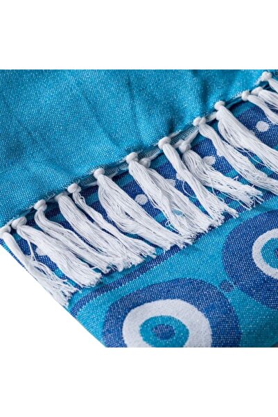 ANTBRO Hamam beach towel made of cotton, blue with eyes and white tassels, 180x100cm