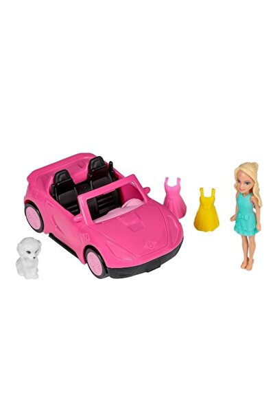 ANTBRO Set de joacă păpușă Antbro® de 9 cm cu mașină roz, câine și 3 rochițe