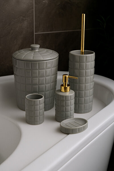 CEZVE HOME Mirilla Porcelain Square Patterned Gold Detailed 5-Piece Bathroom Set