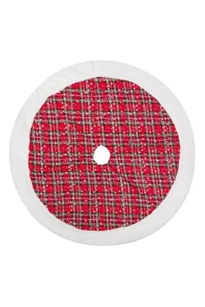 ANTBRO decorative Christmas tree skirt, red with checks, white snowflakes, and white fur edge, 90cm