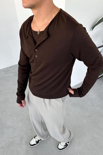 HAFKAGİYİM Brown Buttoned Collar Relaxed Long Sleeve T-Shirt