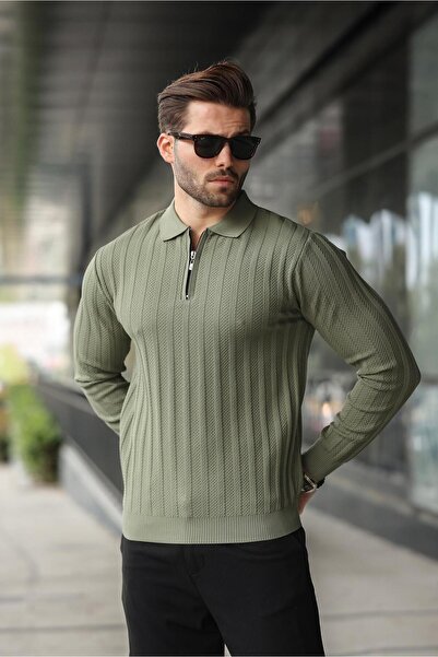 Madmext Khaki Half Zip Polo Neck Knitwear Sweater E7426