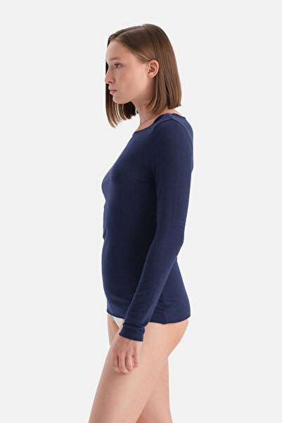 Eros Navy Blue Modal Cashmere Boat Neck Long Sleeve Top