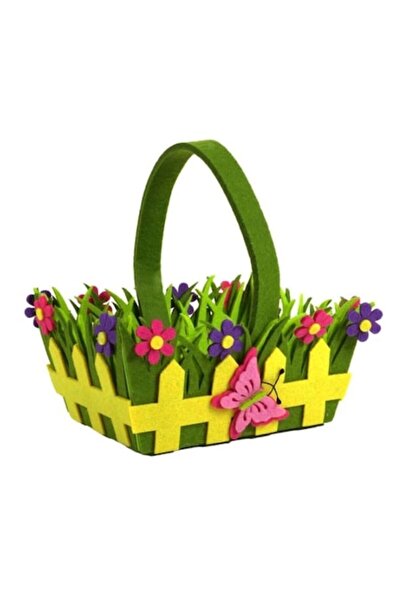 Topi Coș decorativ de masă de Paște cu mâner lung, fluture roz, flori de prim...