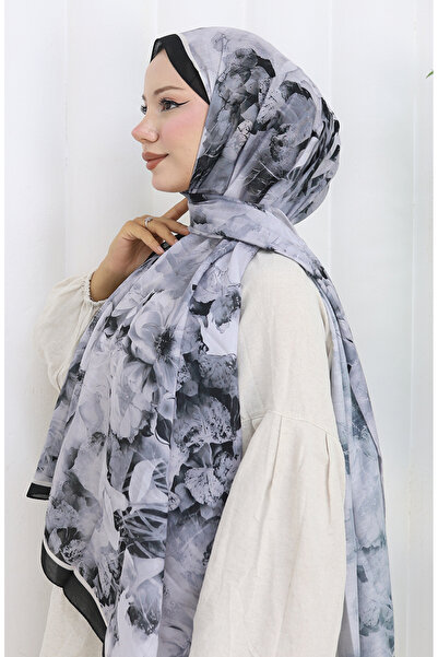 sefamerve Pamuklu Desenli Koza Şal 70324-06 Siyah Gri