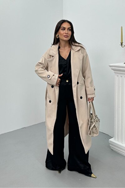 spirituel Women's Cashmere Coat Long Belted Buttoned Pocket Premium Cashmere Coat