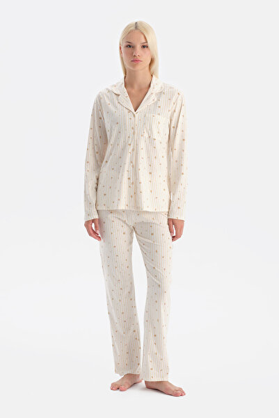 Eros Ecru Floral Patterned Shirt and Pants Set