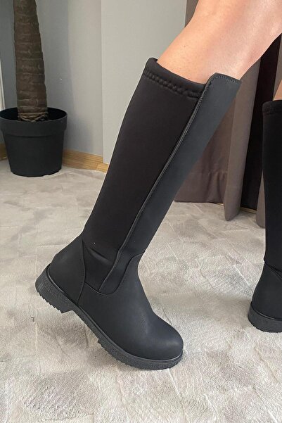 Preshley Γυναικείες ματ μαύρες μπότες από ύφασμα κατάδυσης μέχρι το γόνατο