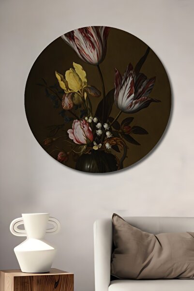 Teona Ahşap Tablou decorativ rotund din lemn, buchet de flori, natură moartă