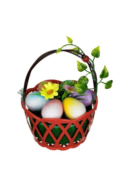 NO BRAND Coș decorativ de Paște, plastic, ouă și flori, 13,5x19 cm, multicolor