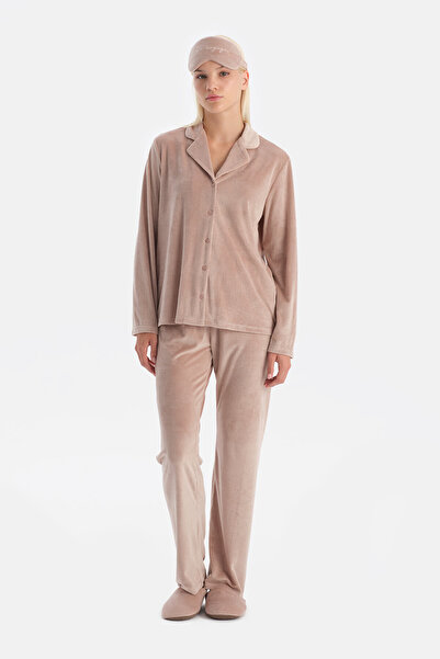 Eros Light Pink Travel Ribbed Velvet Shirt Pants Pajama Set
