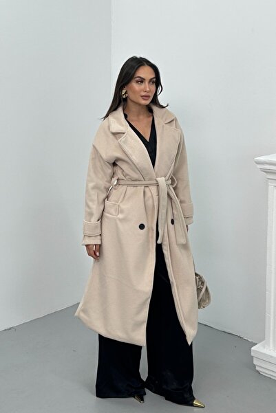 spirituel Women's Cashmere Coat Long Belted Buttoned Pocket Premium Cashmere Coat