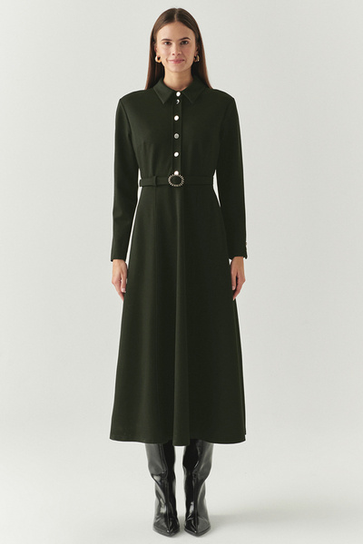 Exquise Kemerli Gömlek Yaka Cepli Slim Fit Midi Örme Elbise