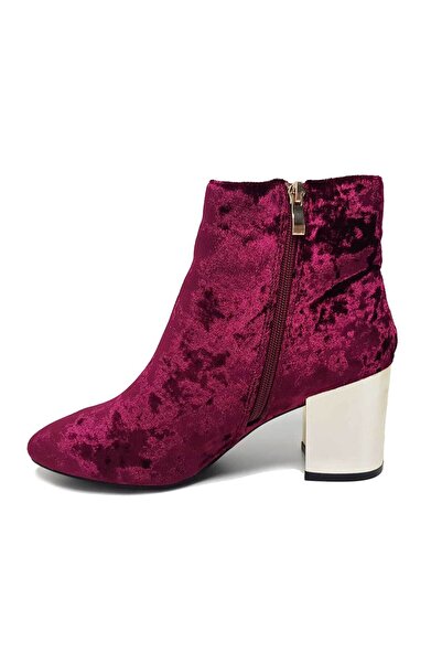 HOT KİSS Women's Velvet Ankle Boots, Elegant Burgundy with Chunky Heel - Size 40.5 EU