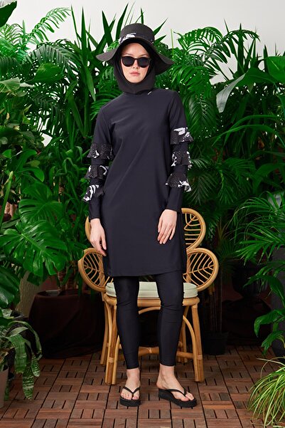 Moodbasic Desenli Şifon Volanlı Tesettür Mayo - Siyah