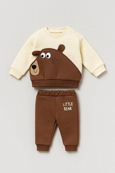dinamik çocuk Baby Boy Little Bear Teddy Bear Detailed 2-Piece Set 3-Piece Winter Sweatshirt and Bottoms 100% Cotton 6-24 Months