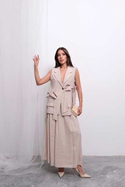 Hatun Atila Trend Double Breasted Tie-Up Vest and Long Skirt Set D004 - Beige