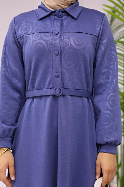 QUAWEAR Shirt Collar Cuffed Buttoned Sleeves Belted Top Size Printed Imported Knitted Fabric Full Length Dress