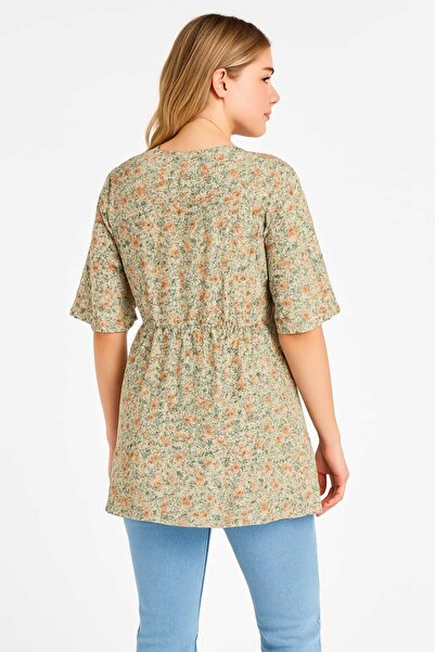 Şans Women's Plus Size Colorful, Floral Print, Wrap Neck, Elastic Waist, Floral Print Tunic 65N39177