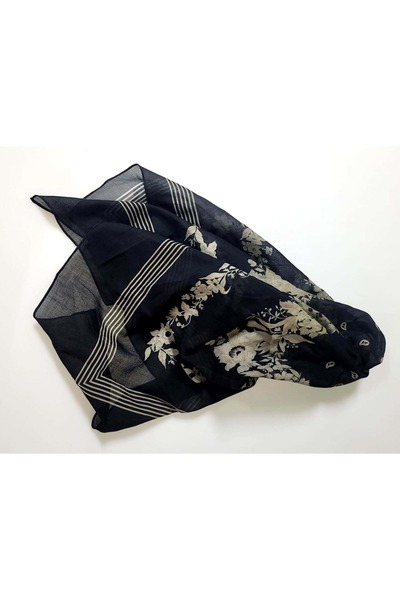 Exve Exclusive Μαύρο μπεζ κασκόλ μπαντάνα από 100% βαμβάκι με λεπτομέρεια στο κέντρο με λουλουδάτο σχέδιο