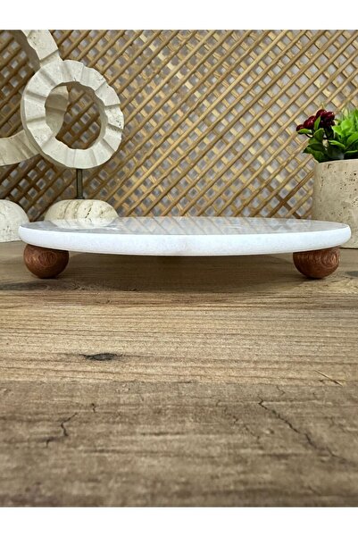 FARALYAHOME Presentation Stand 28 cm Natural White Marble with Natural Wooden Legs