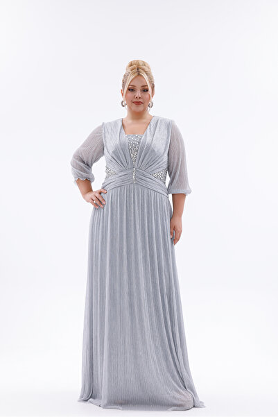 BDM Exclusive Simli Şifon Taş İşlemeli Büyük Beden Abiye Elbise