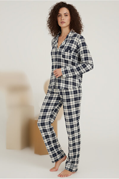 Bravie Set de pijamale cu mâneci lungi pentru femei, din viscoză, cu model în carouri, albastru bleumarin – 42576