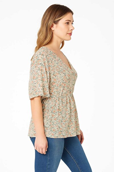 Şans Women's Plus Size Colorful, Floral Print, Wrap Neck, Elastic Waist, Floral Print Tunic 65N39177