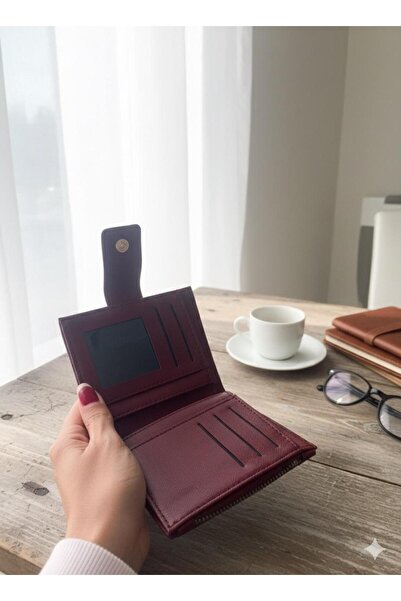 mirakuş Burgundy Cherry Red Wallet Buckle Leather Look Wallet Card Holder