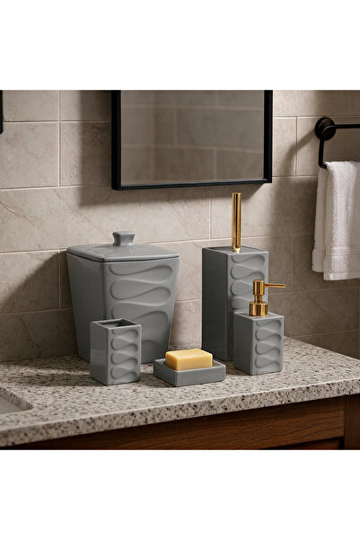 CEZVE HOME Viola Porcelain Wave Patterned Gold Detailed 5-Piece Bathroom Set