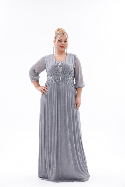 BDM Exclusive Simli Şifon Taş İşlemeli Büyük Beden Abiye Elbise