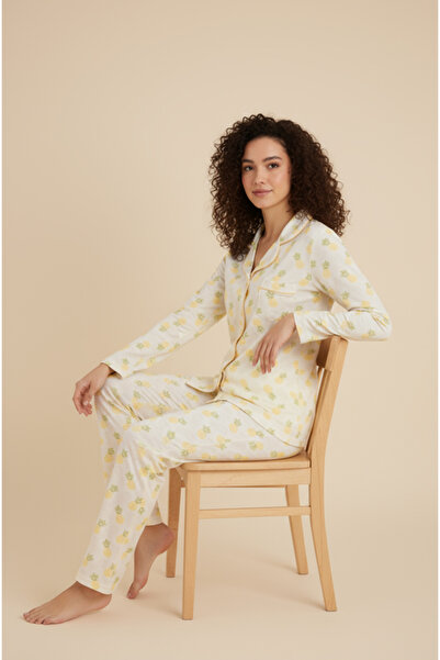 Bravie Luxury Viscose Pineapple Patterned Women's Long Sleeve Pajama Set – 42571
