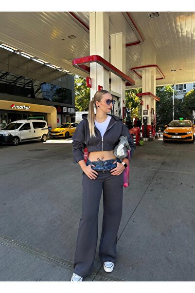 FİOXCO Molyn Three Thread Ş επένδυση fleece Σετ με δύο τεμάχια με κουκούλα/φούτερ με λεπτομερή σχεδίαση τζιν στη μέση