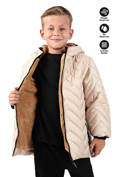 JARMO KİDS Boy's Water and Windproof Hooded Coat with Fur Lining Inside, Zigzag Pattern