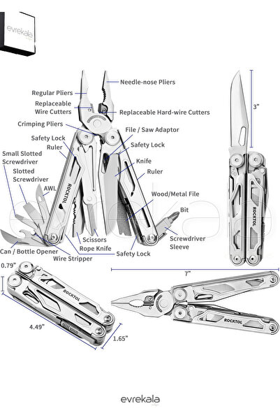 Rocktol Evrekala 29 Fonksiyonlu Kamp Çakısı -Testere,Pense,Makas,Tornavida...- Multi Tool Cep Çakı