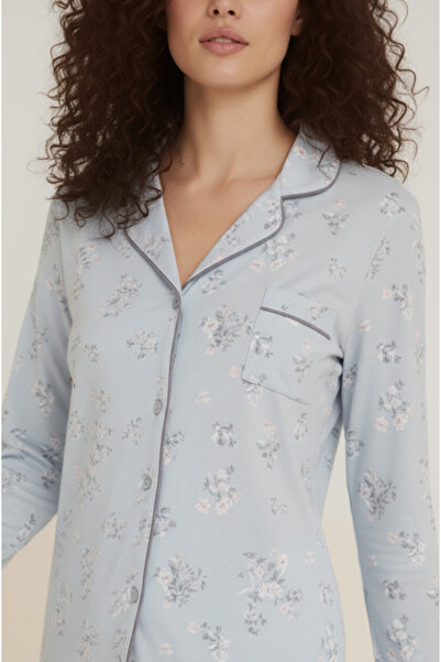 Bravie Luxury Viscose Blue Floral Patterned Women's Long Sleeve Pajama Set – 42550