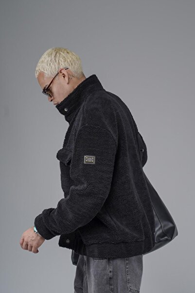 king brich Oversize Kalıp Çıtçıt Kapamalı Logo Detaylı Peluş Ceket