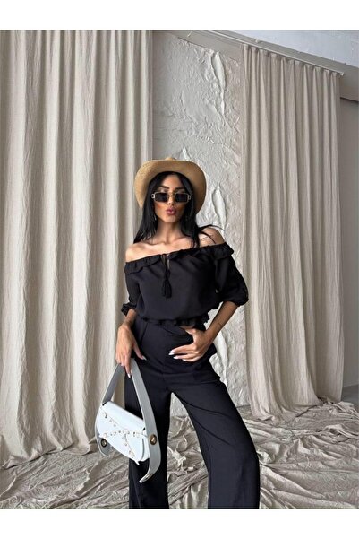 Wear Up    Linen Madonna Collar Sleeve Straw Pants - Pants Suit - Black