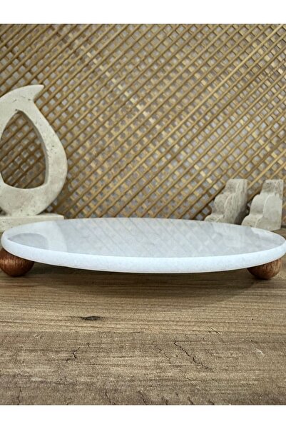 FARALYAHOME Presentation Stand 25 cm Natural White Marble with Natural Wooden Legs