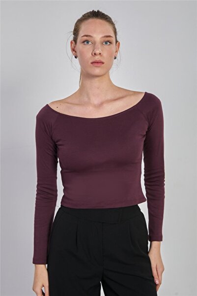 BARRELS AND OIL بودي نسائي بأكمام طويلة وياقة قارب - لون البرقوق