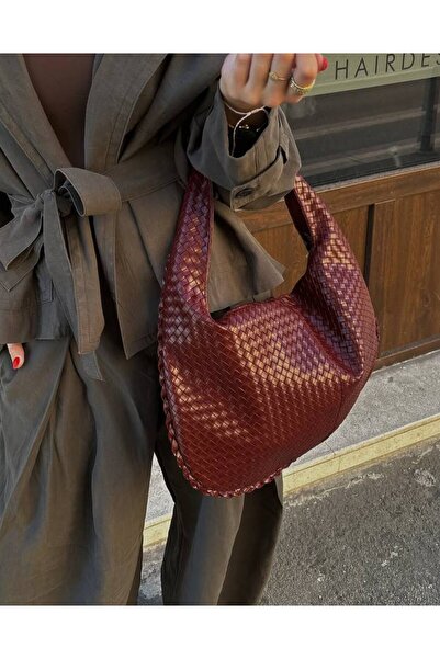 Gül Karatekin Women's Burgundy Knitted Patterned Casual Vintage Hand and Shoulder Bag