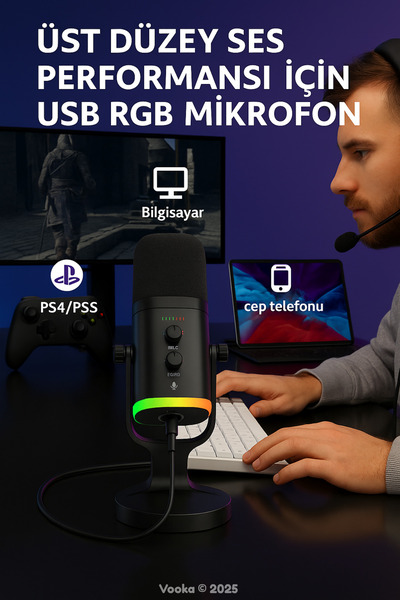 VOOKA Professional Rgb Streamer Gaming Microphone Condenser Gamer Tiktok Pc |   Ps4 |   Ps5 |   Laptop Podcast