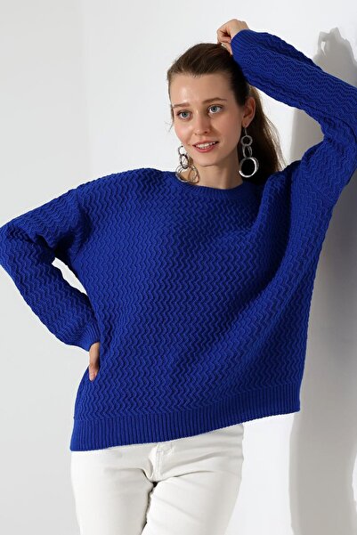 LADY HAZAL Μπλε πουλόβερ με λαιμόκοψη με απαλή υφή βασικό πλεκτό πουλόβερ Hijab
