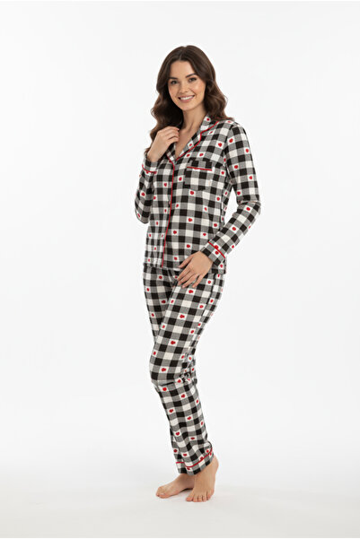 Bravie Luxury Viscose Black and White Checkered Heart Patterned Women's Long Sleeve Pajama Set – 42564
