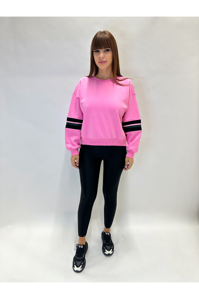 IFASTFASHION Women's pink knit blouse with black stripes - casual sports model for autumn-winter